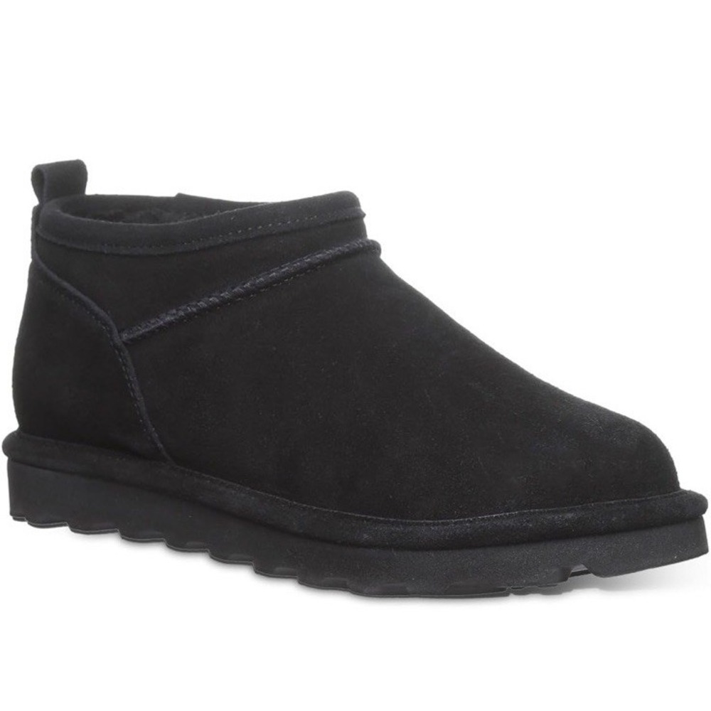 Bearpaw Super Shorty Black Suede Boot Sheepskin Footbed Womens 9 New